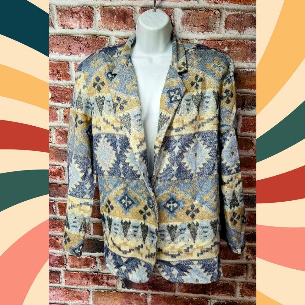 Streetwear Aztec Blazer S | Vintage 80s Southwestern Padded Shoulder Jacket
